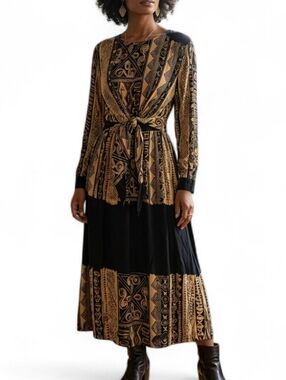 Beverly Rose Vintage 90s Rayon Abstract Tribal Print Maxi Dress Boho Whimsigoth
